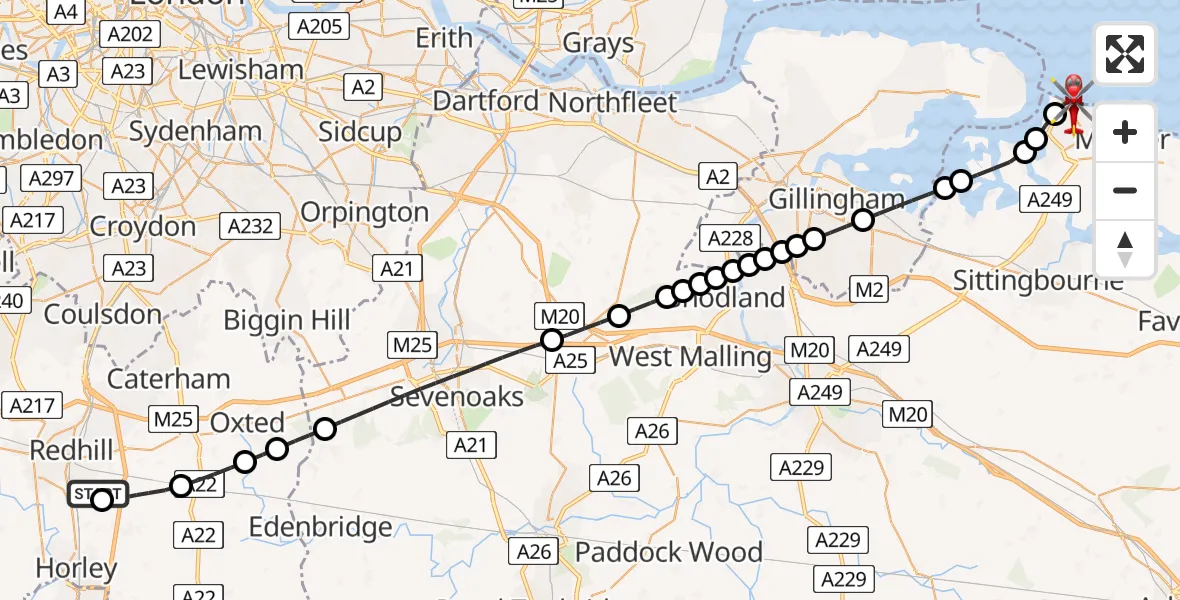 Flight path map showing Air Ambulance Helicopter route from Redhill Aerodrome to Sheerness