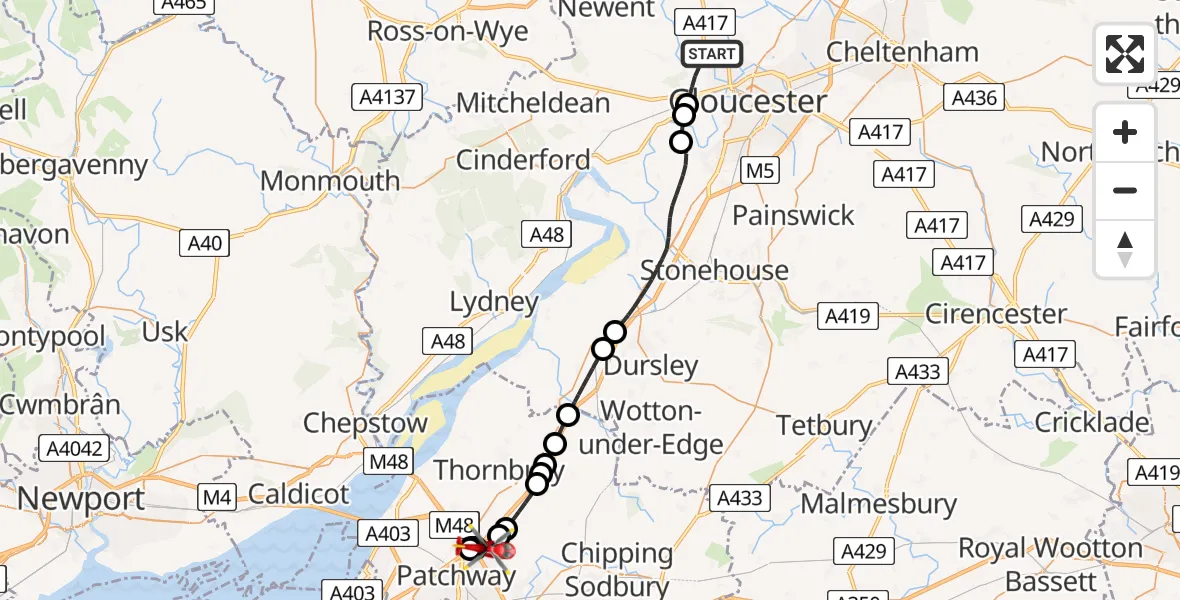 Flight path map showing Air Ambulance Helicopter route from Tewkesbury to Woodlands