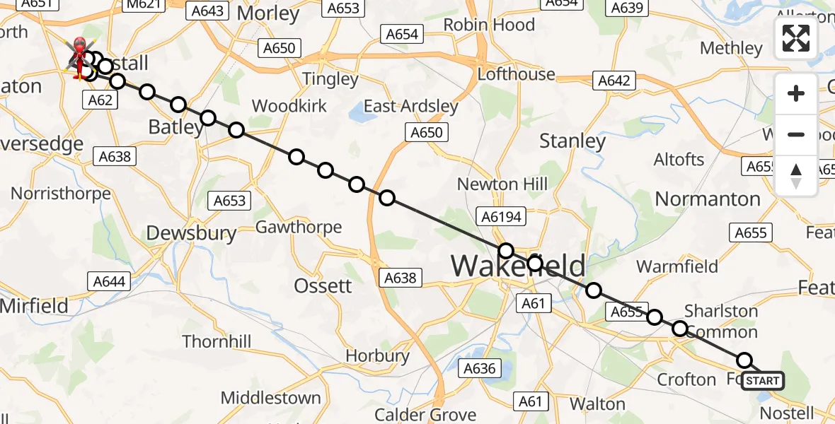 Flight path map showing Air Ambulance Helicopter route from YAA Nostell Helicopter Port to Gomersal