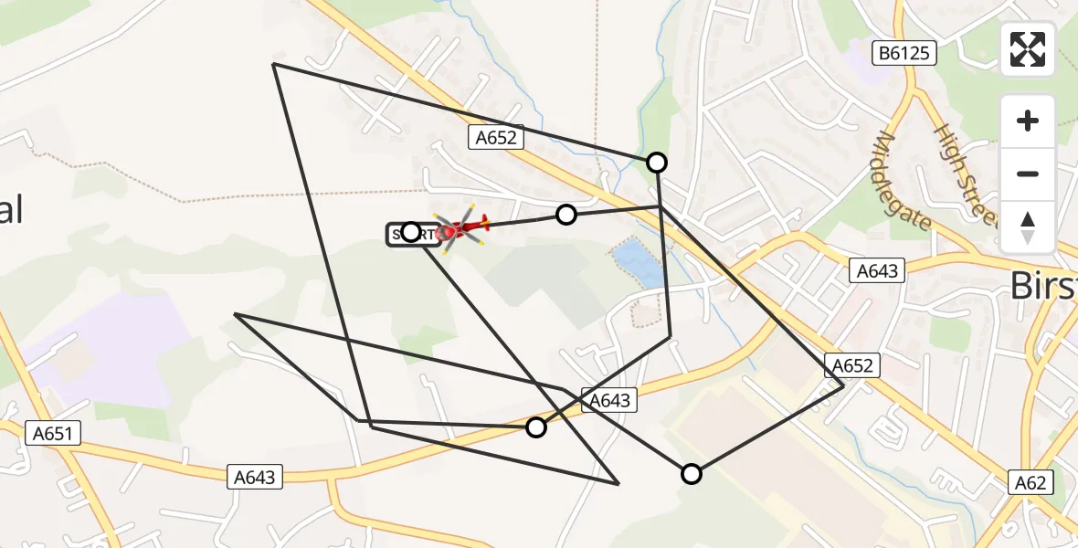 Flight path map showing Air Ambulance Helicopter route from Gomersal to Gomersal