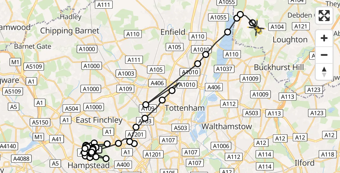 Flight path map showing Police Helicopter route from Hampstead Garden Suburb to Sewardstonebury