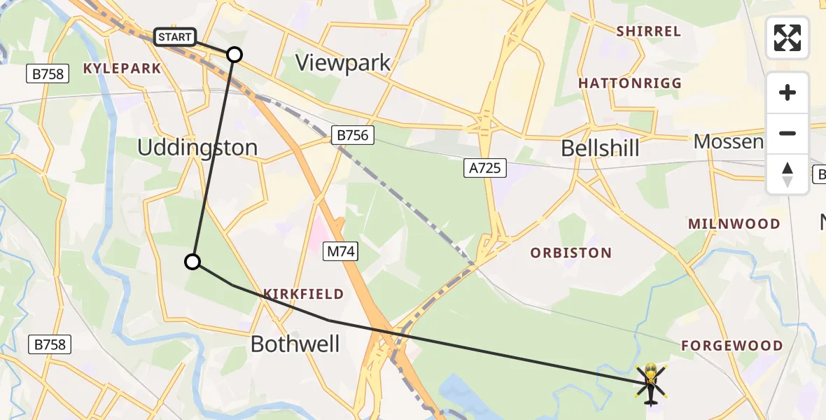 Flight path map showing Police Helicopter route from Calderbraes to Motherwell