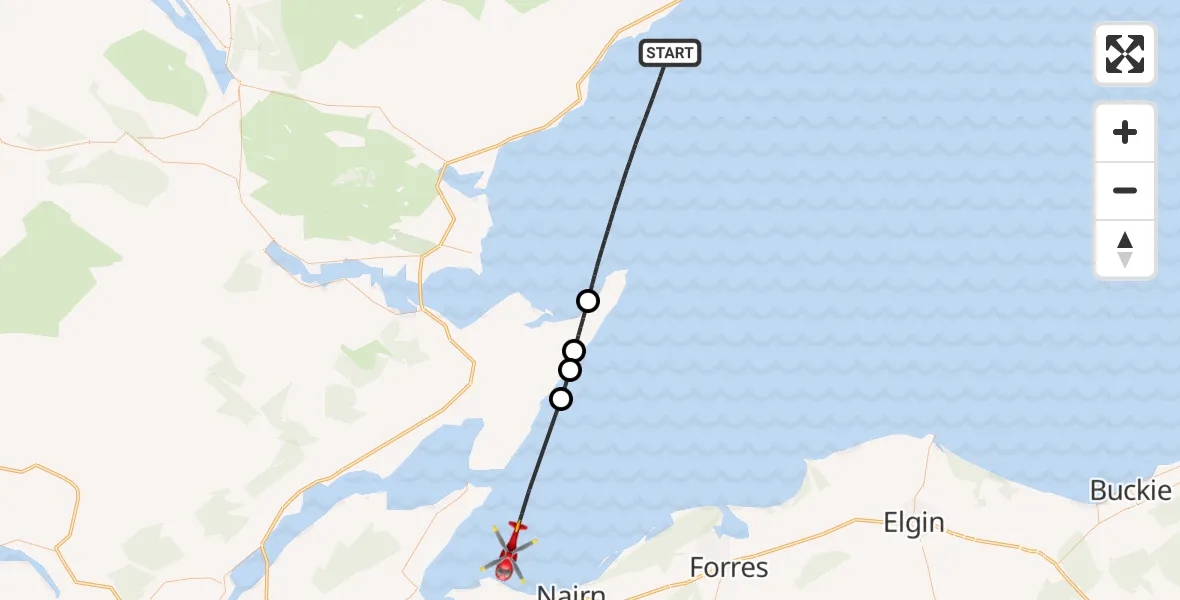 Flight path map showing Air Ambulance Helicopter route from North Sea to North Sea