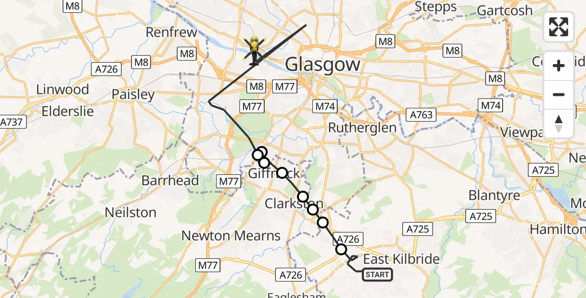 Routekaart van de vlucht: Police Helicopter on its way from East Kilbride