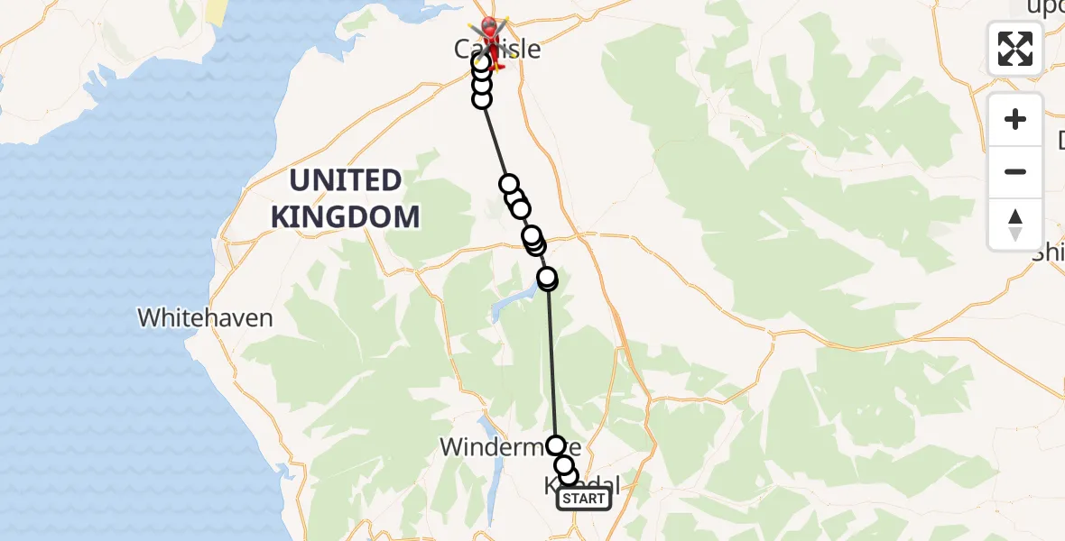 Flight path map showing Air Ambulance Helicopter route from Kendal to Carlisle