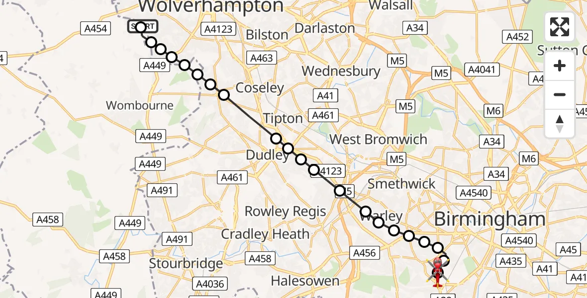 Flight path map showing Air Ambulance Helicopter route from Castlecroft to Queen Elizabeth Hospital Helipad