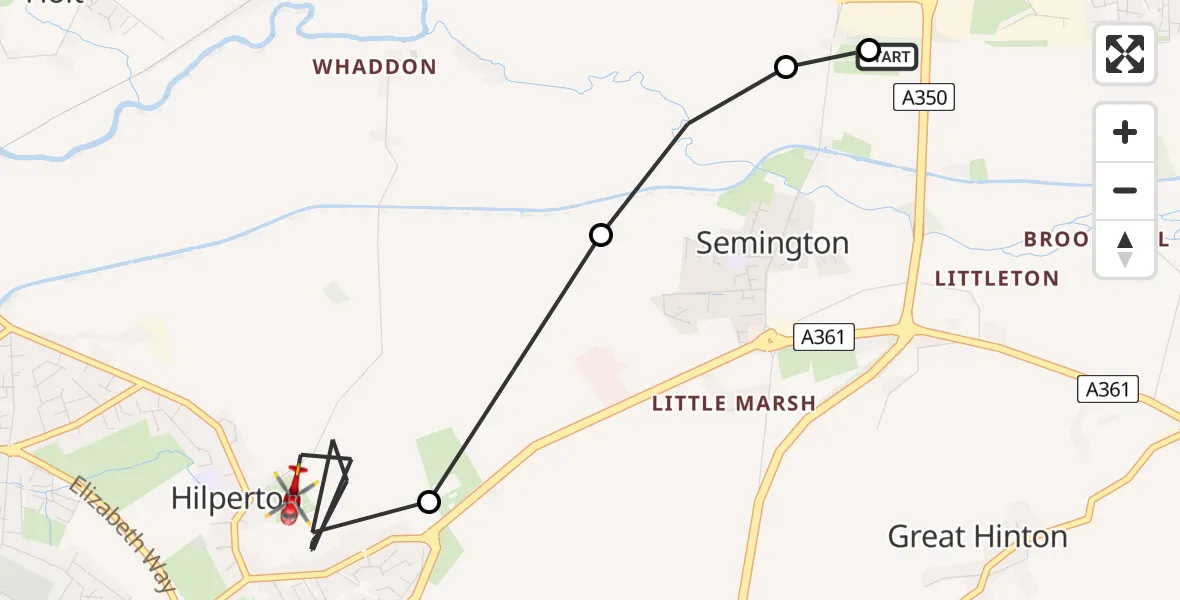 Flight path map showing Air Ambulance Helicopter route from Wiltshire Air Ambulance to Hilperton