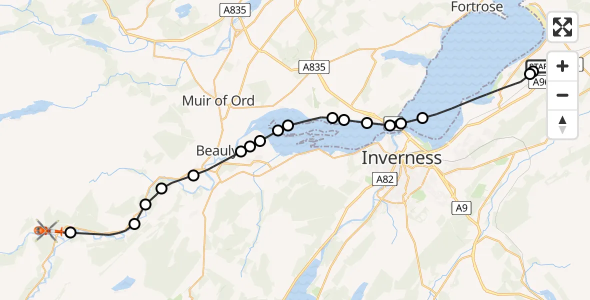 Flight path map showing Coastguard Helicopter route from Inverness Airport to Struy