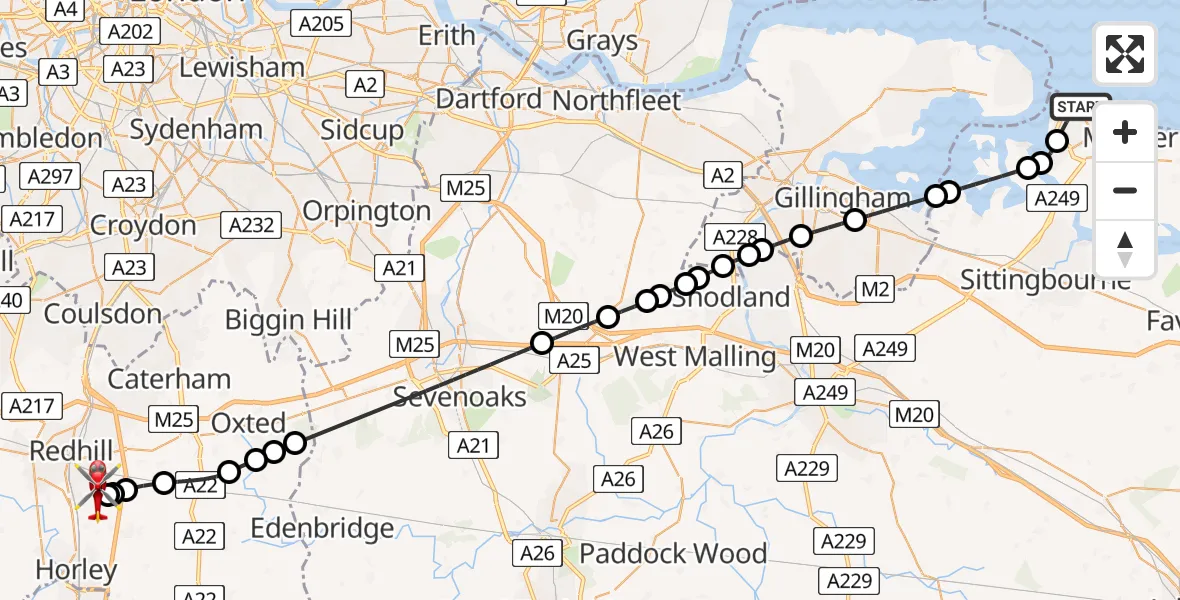 Flight path map showing Air Ambulance Helicopter route from Sheerness to Redhill Aerodrome