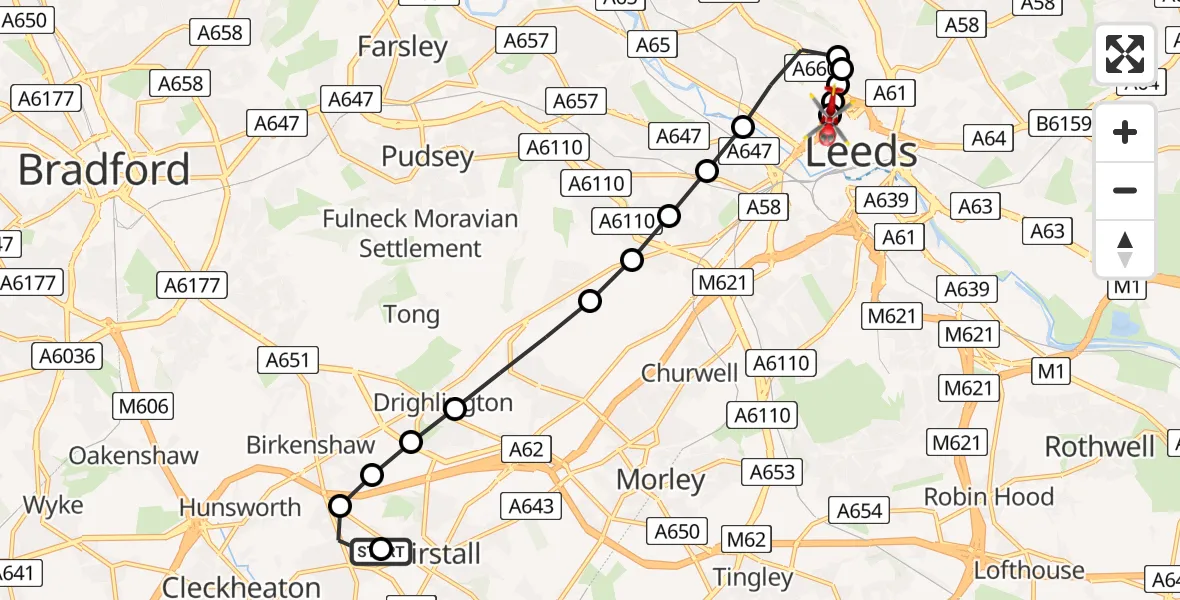 Flight path map showing Air Ambulance Helicopter route from Gomersal to Hyde Park