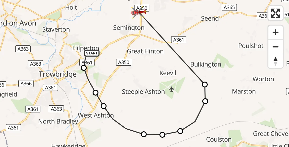 Flight path map showing Air Ambulance Helicopter route from Hilperton to Melksham
