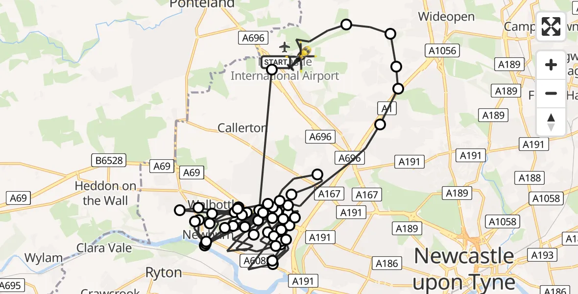 Flight path map showing Police Helicopter route from Newcastle International Airport to Newcastle International Airport