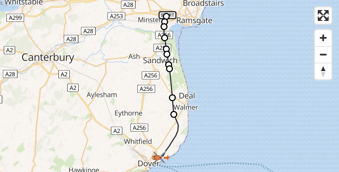 Flight path map showing Coastguard Helicopter route from Manston Airport to Langdon Battery Heliport