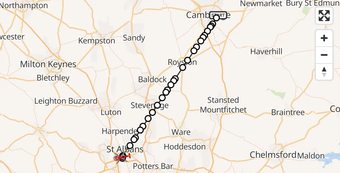 Flight path map showing Air Ambulance Helicopter route from Cambridge City Airport to Chiswell Green
