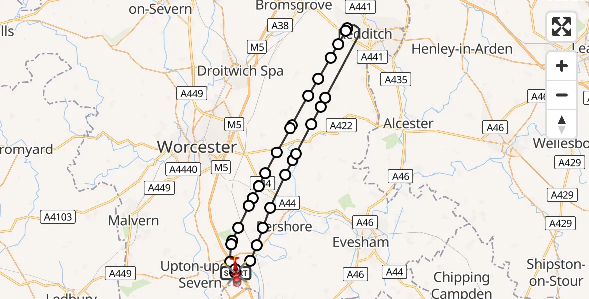 Flight path map showing Air Ambulance Helicopter route from Hill Croome to Upper Strensham
