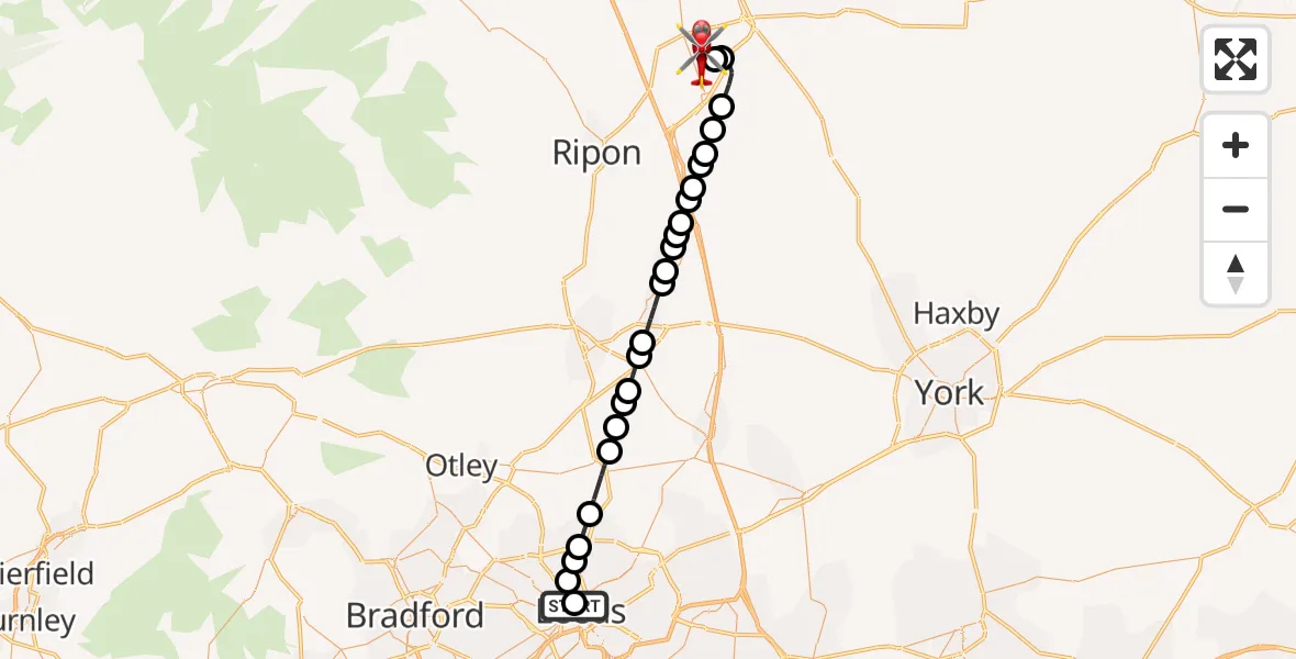 Flight path map showing Air Ambulance Helicopter route from Woodhouse to RAF Topcliffe