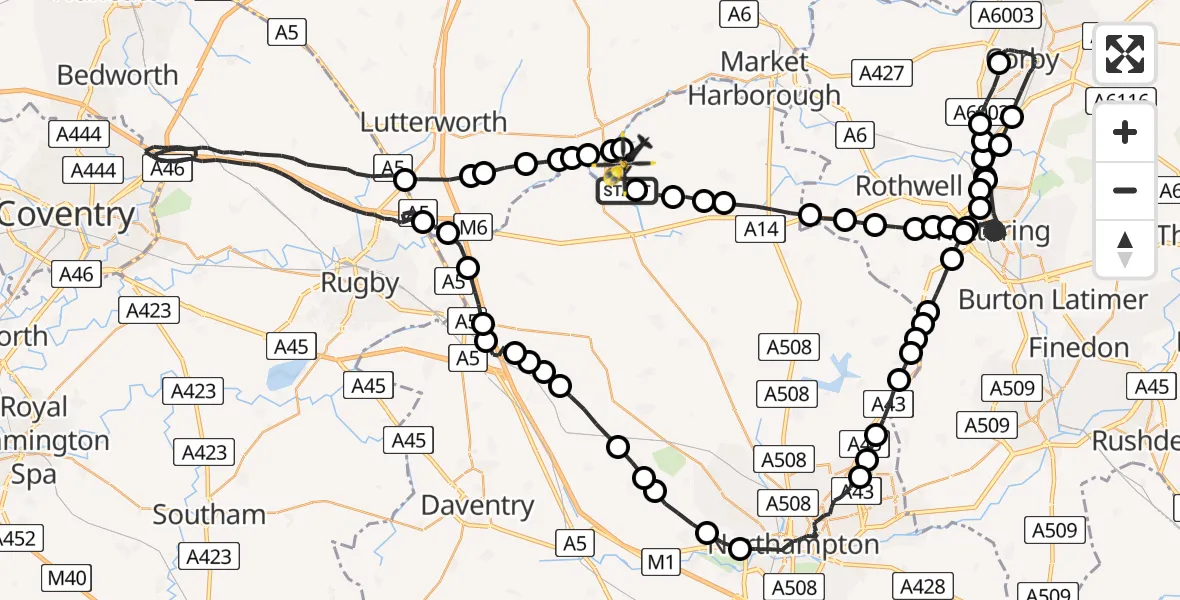 Flight path map showing Police Helicopter route from Welford to Harborough