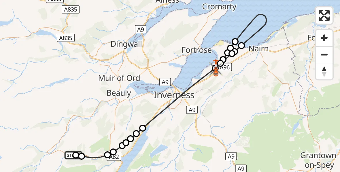 Flight path map showing Coastguard Helicopter route from Buntait to Inverness Airport