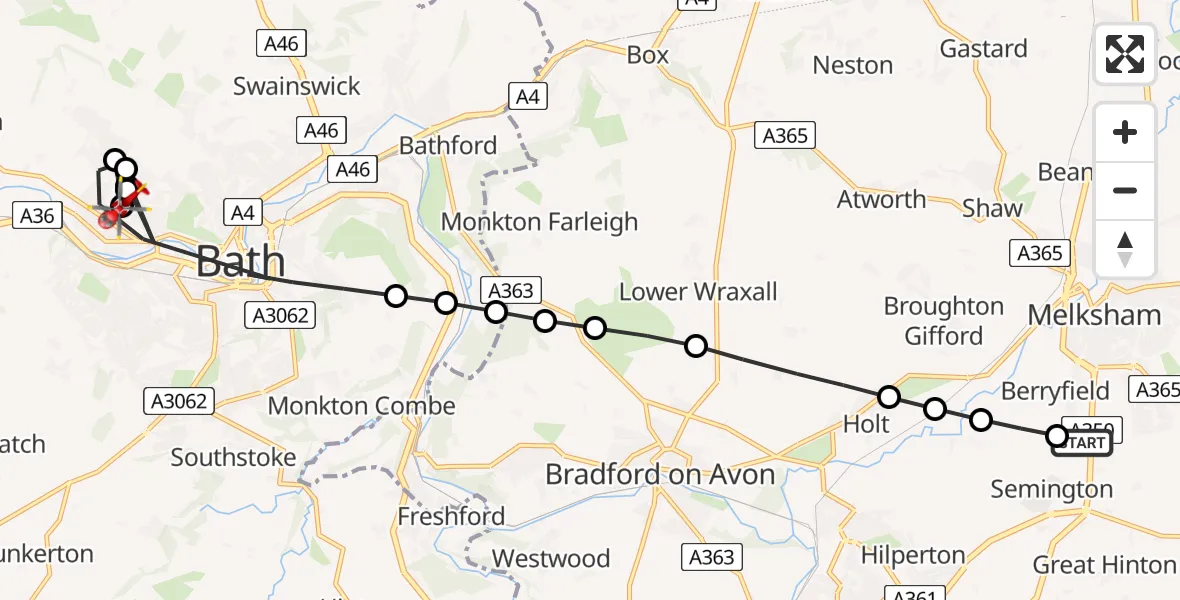 Flight path map showing Air Ambulance Helicopter route from Wiltshire Air Ambulance to Royal United Hospital Bath