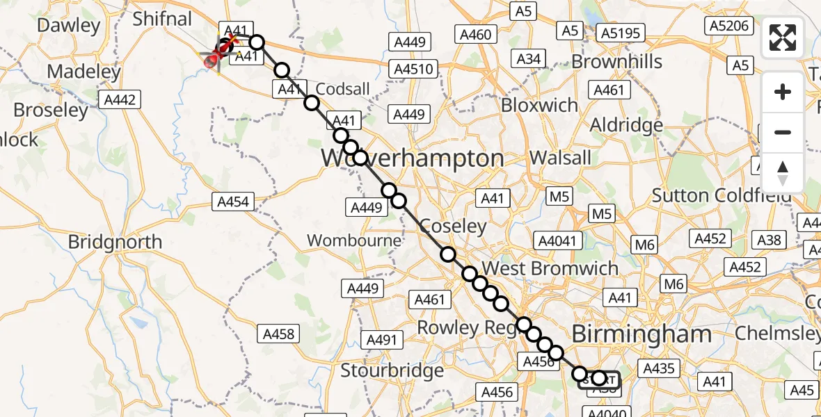 Flight path map showing Air Ambulance Helicopter route from Queen Elizabeth Hospital Helipad to Cosford