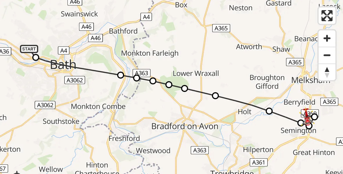 Flight path map showing Air Ambulance Helicopter route from Royal United Hospital Bath to Wiltshire Air Ambulance
