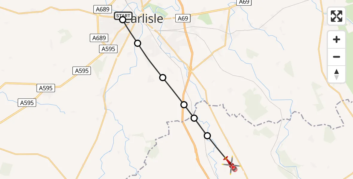Flight path map showing Air Ambulance Helicopter route from Carlisle General to Low Hesket