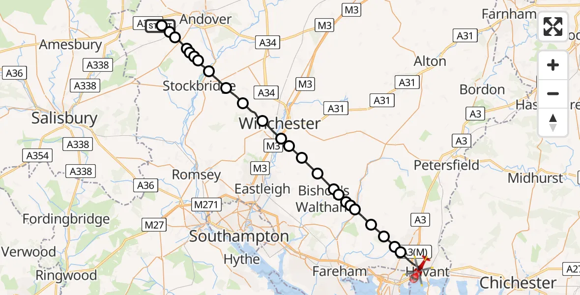 Flight path map showing Air Ambulance Helicopter route from Thruxton to Havant