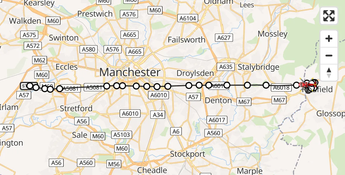 Flight path map showing Air Ambulance Helicopter route from Manchester Barton Aerodrome to Hollingworth