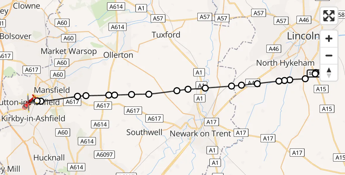 Flight path map showing Air Ambulance Helicopter route from RAF Waddington to Sutton in Ashfield