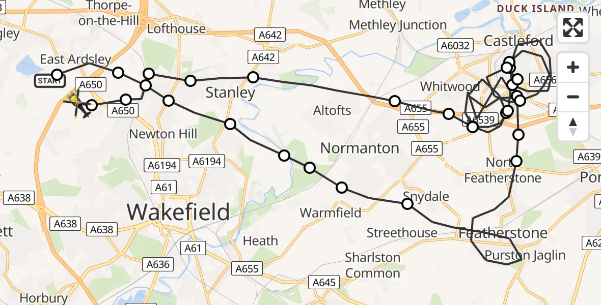 Flight path map showing Police Helicopter route from East Ardsley to East Ardsley