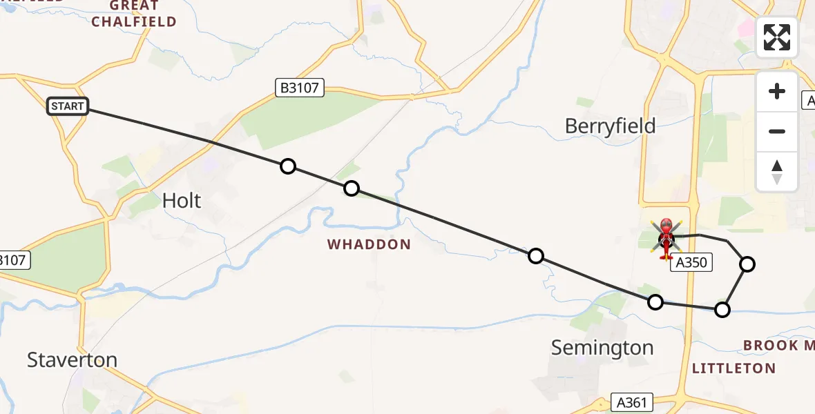 Flight path map showing Air Ambulance Helicopter route from Holt to Wiltshire Air Ambulance