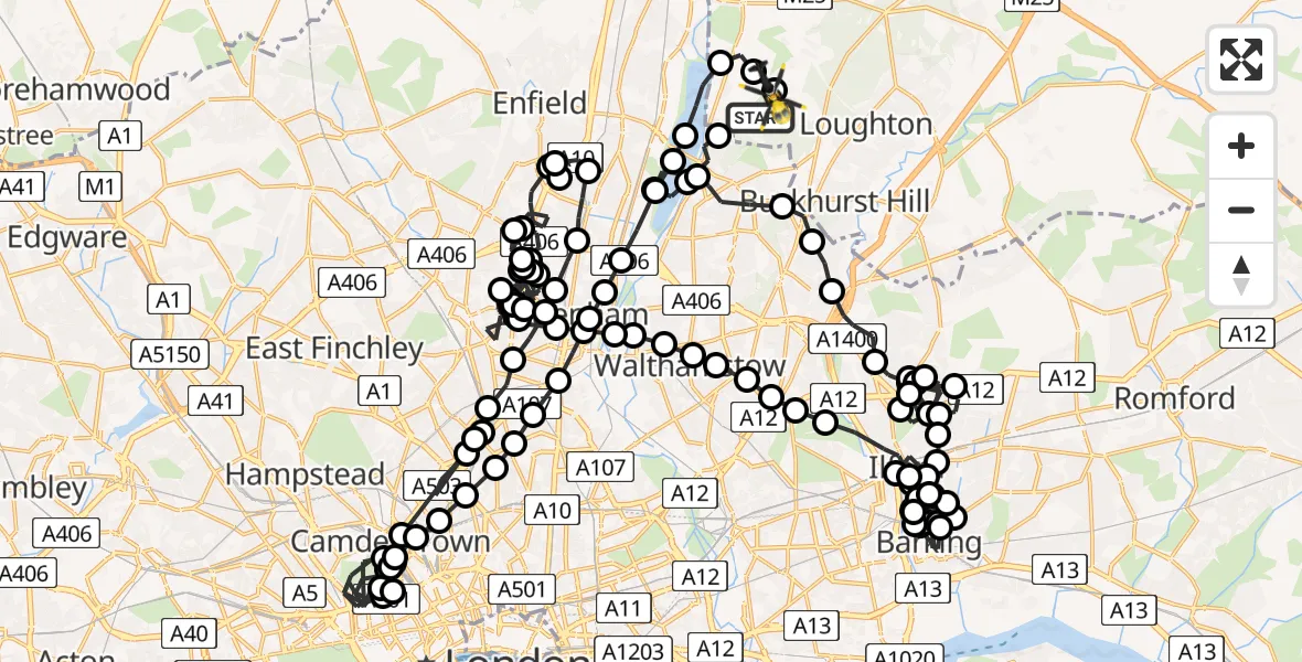 Flight path map showing Police Helicopter route from Sewardstonebury to Sewardstonebury