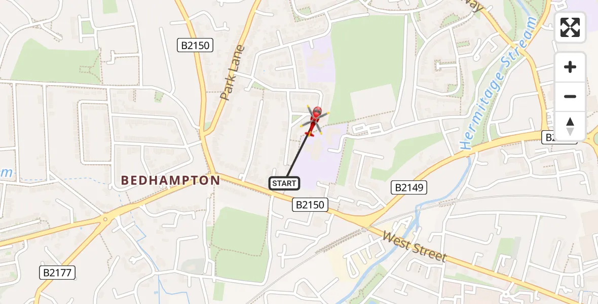 Flight path map showing Air Ambulance Helicopter route from Havant to Havant