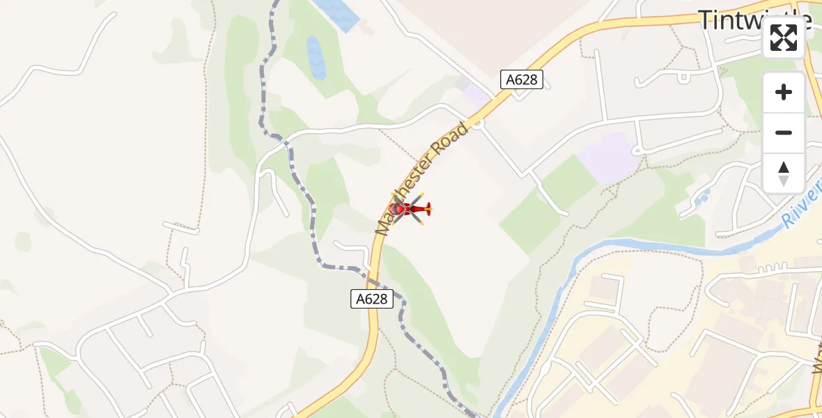 Flight path map showing Air Ambulance Helicopter route from Tintwistle to Tintwistle