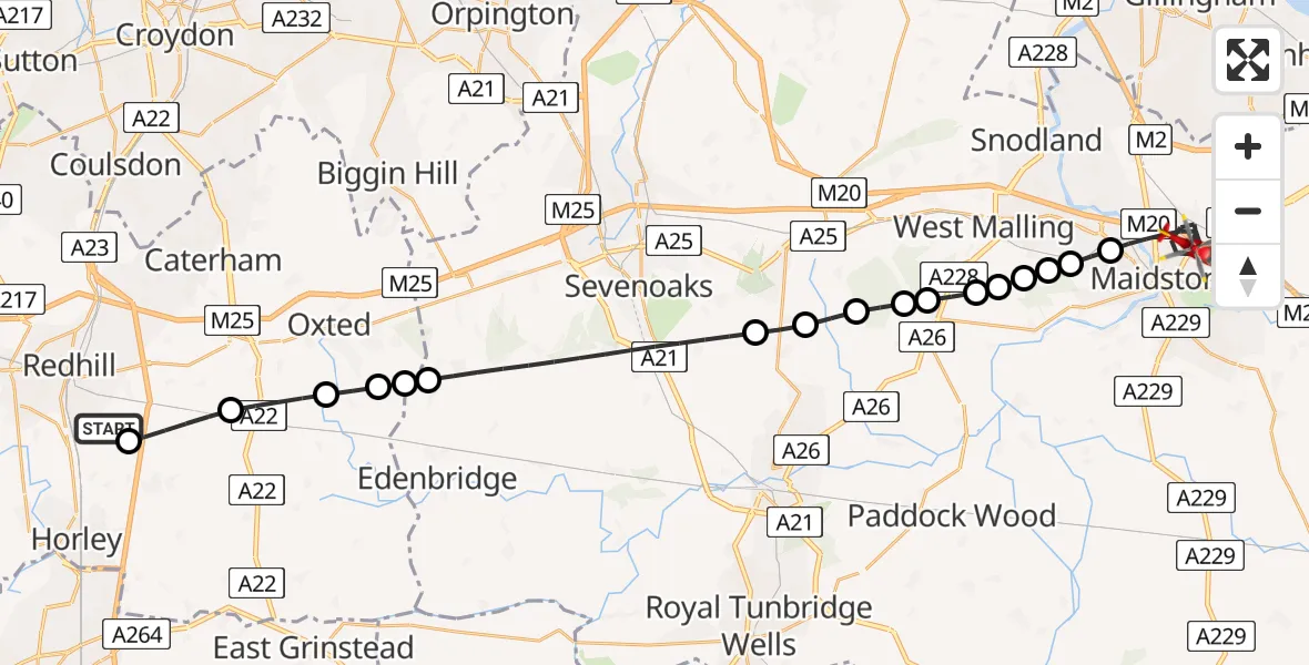 Flight path map showing Air Ambulance Helicopter route from Redhill Aerodrome to Maidstone