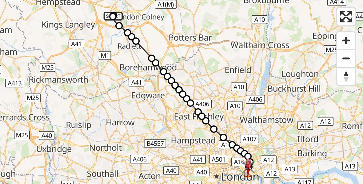 Flight path map showing Air Ambulance Helicopter route from Park Street to Royal London Hospital