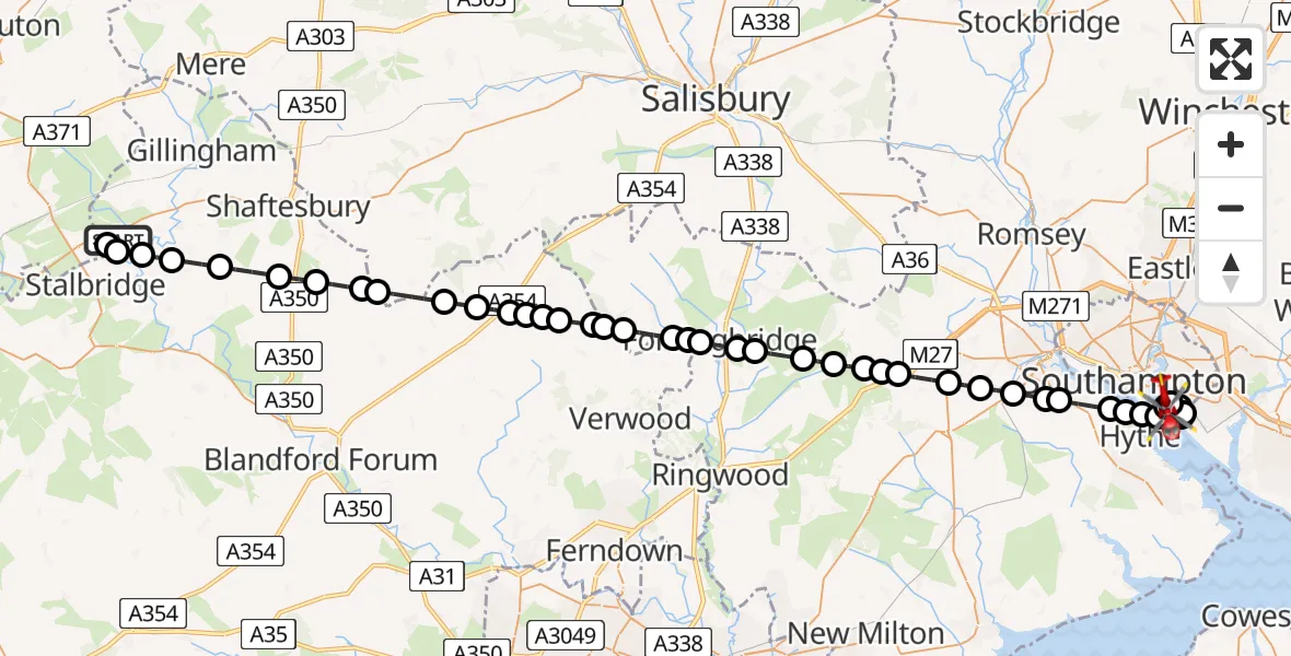 Flight path map showing Air Ambulance Helicopter route from Henstridge Airfield to Woolston