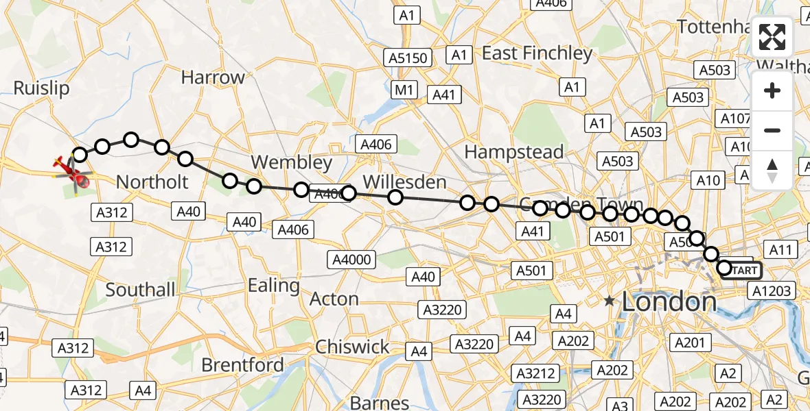 Flight path map showing Air Ambulance Helicopter route from Royal London Hospital to RAF Northolt