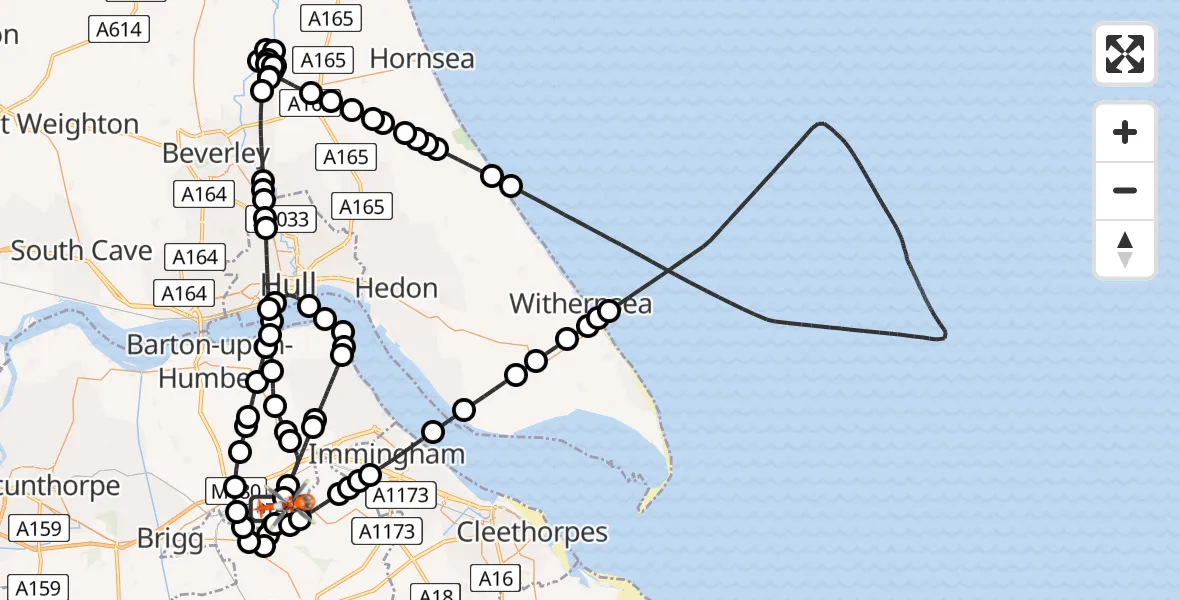Flight route Coastguard Helicopter Humberside Airport - Humberside Airport, 16 April 2026, 18:59