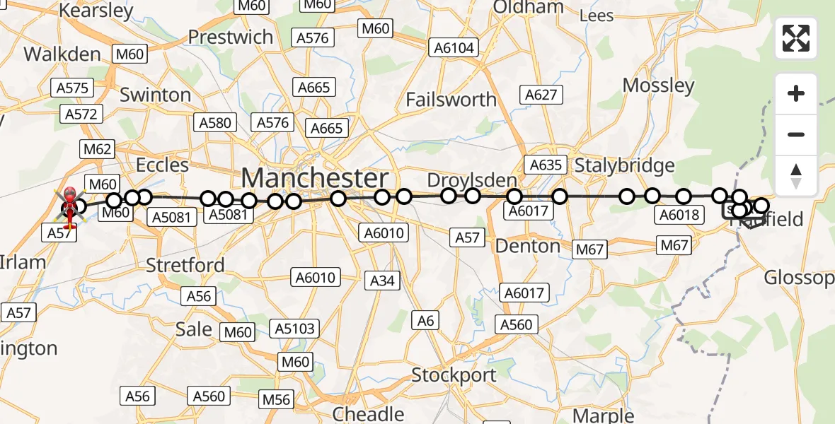 Flight path map showing Air Ambulance Helicopter route from Tintwistle to Manchester Barton Aerodrome
