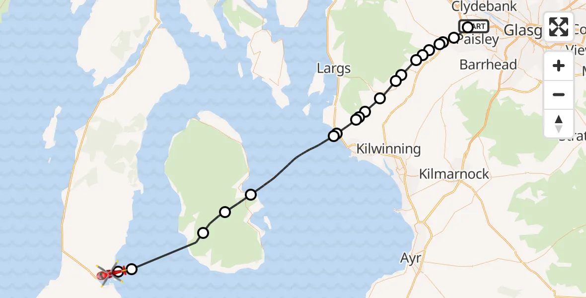 Flight path map showing Air Ambulance Helicopter route from Glasgow Airport to Campbeltown