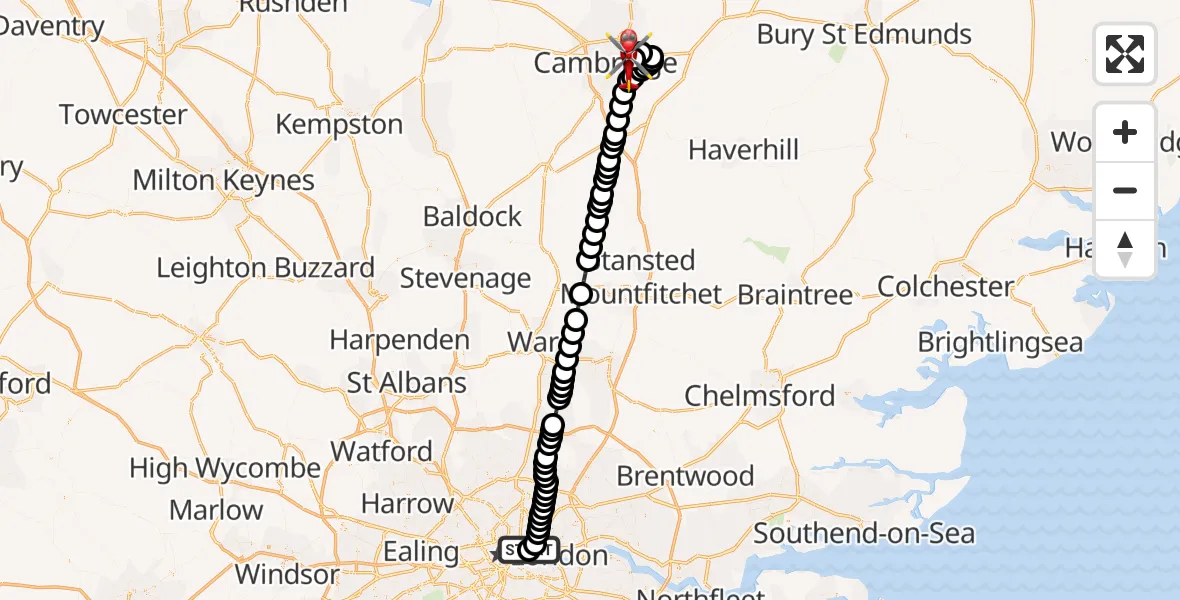Flight path map showing Air Ambulance Helicopter route from Royal London Hospital to Cambridge City Airport