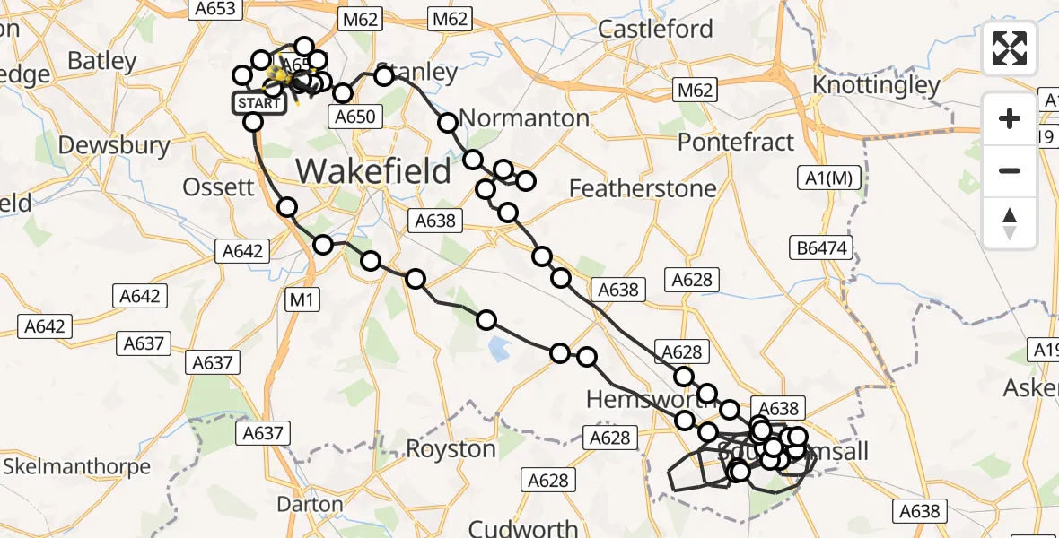 Flight path map showing Police Helicopter route from Woodkirk to East Ardsley