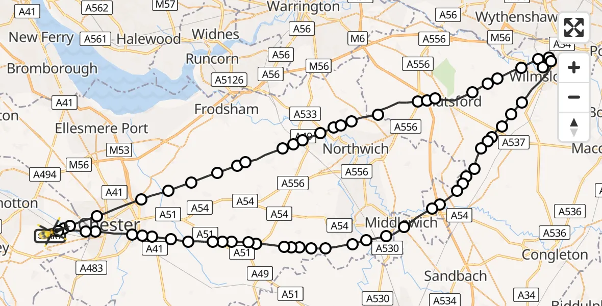 Flight path map showing Police Helicopter route from Hawarden Airport to Hawarden Airport