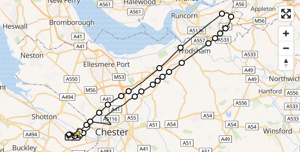 Flight path map showing Police Helicopter route from Hawarden Airport to Hawarden Airport