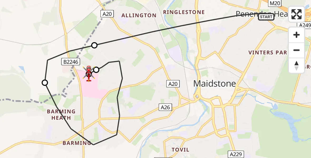 Flight path map showing Air Ambulance Helicopter route from Maidstone to Maidstone Hospital Heliport