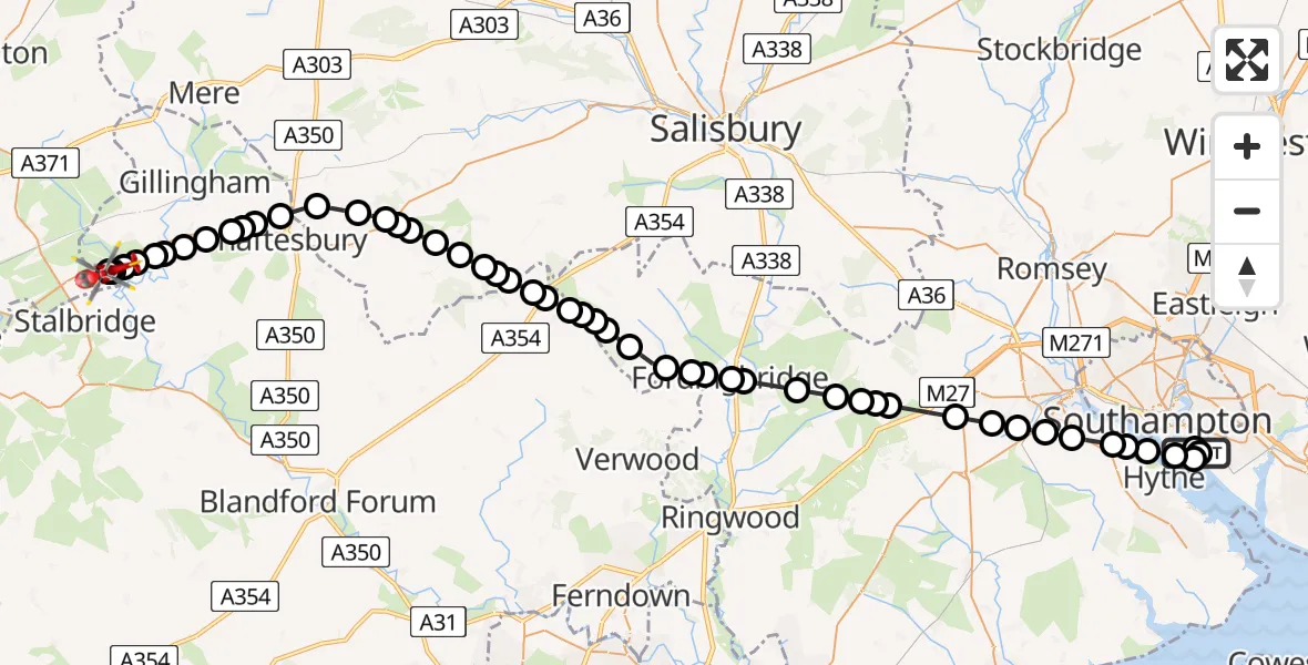 Flight path map showing Air Ambulance Helicopter route from Weston to Henstridge Airfield
