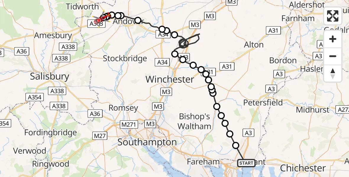 Flight path map showing Air Ambulance Helicopter route from Havant to Fyfield