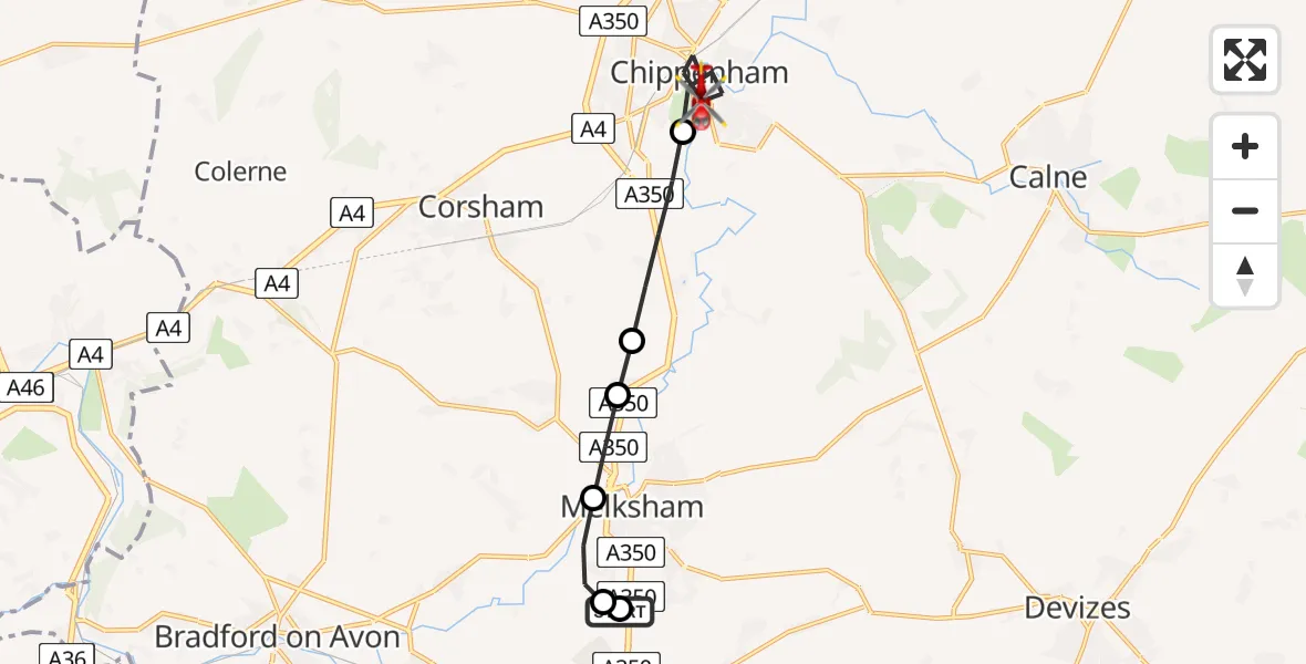 Flight path map showing Air Ambulance Helicopter route from Wiltshire Air Ambulance to Chippenham