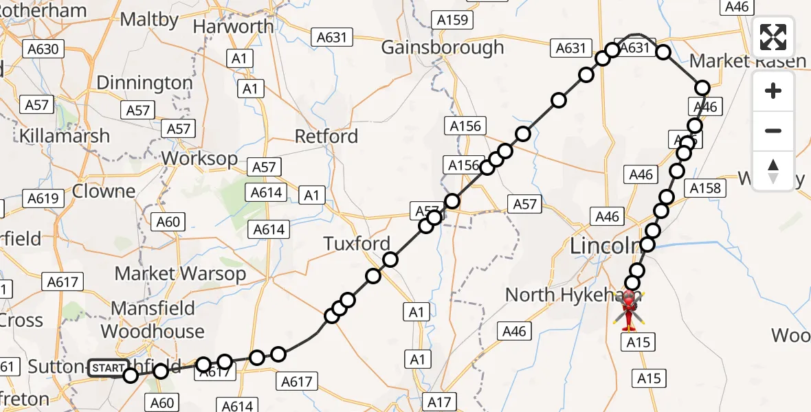 Routekaart van de vlucht: Air Ambulance Helicopter to North Kesteven, Sleaford Road